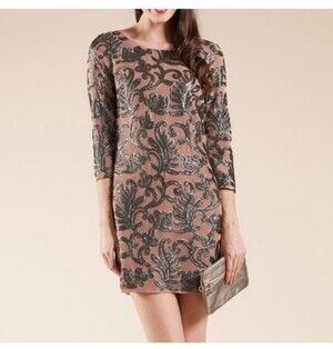 Monsoon Ally Mink/Gold Embroidered Shift party  Dress. Size 12 EUC. Sparkle!